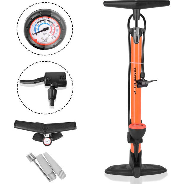 Upright Bicycle Pump with Pressure Gauge and Adapters - 8 Bar - Plastic and Metal - Orange and Black - 63cmx10cm