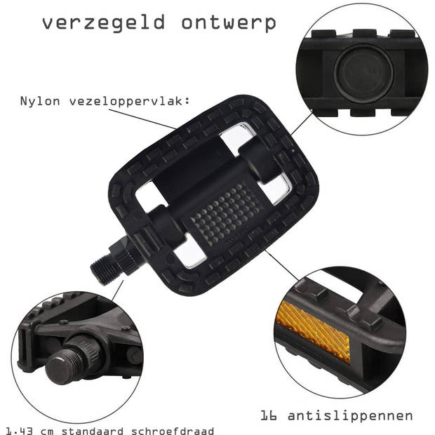 Fietspedalen - Anti slip - Trappers voor fiets met reflector - 14.2 mm schroefdraad Zwart
