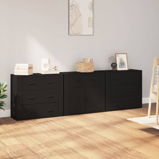 The Living Store Dressoir - Klassiek - Zwarte 3-delige Set - 80x33x70 cm - Bewerkt Hout