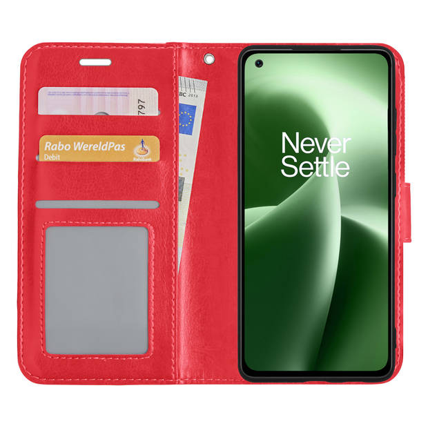 Basey OnePlus Nord 2T Hoesje Book Case Kunstleer Cover Hoes -Rood