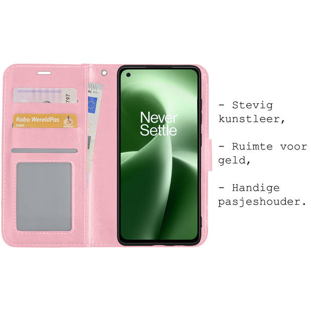 Basey OnePlus Nord 2T Hoesje Book Case Kunstleer Cover Hoes - Lichtroze