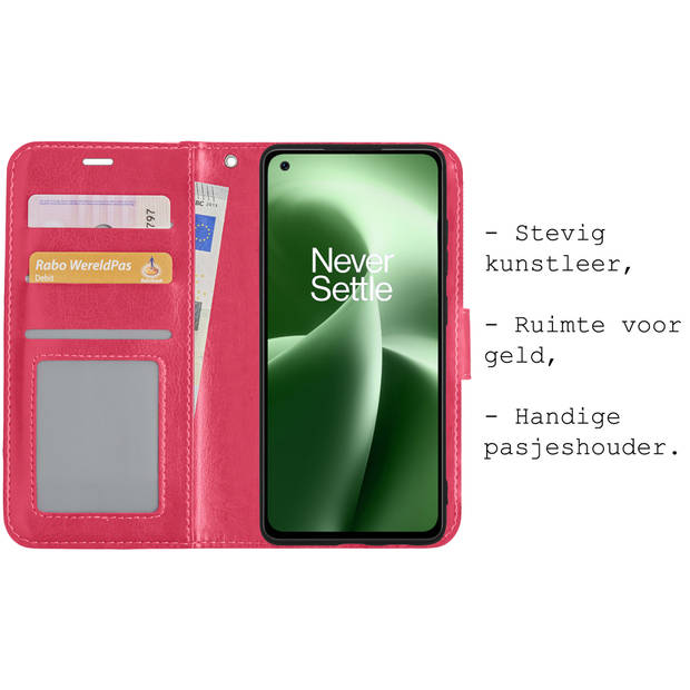 Basey OnePlus Nord 2T Hoesje Book Case Kunstleer Cover Hoes - Donkerroze