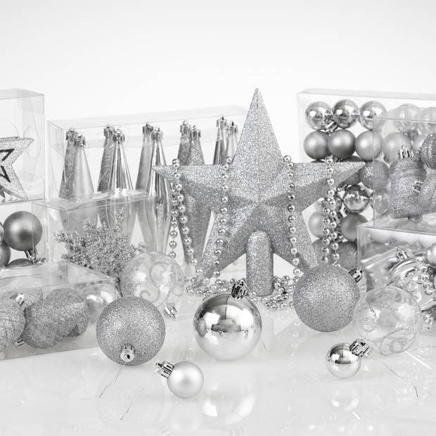 Kerstballen, set van 102 stuks, zilver, kerstversiering