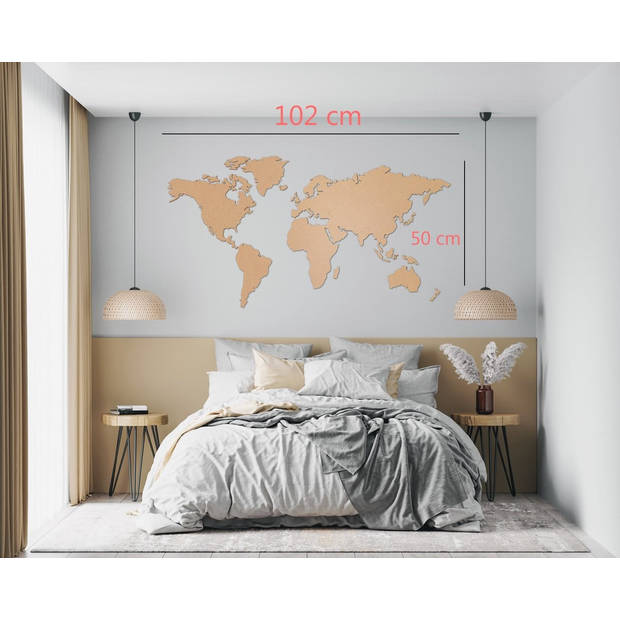 Kaart van de Wereld 102x50cm in Licht Bruin Kunststof Landkaart met 10 Pins Cadeautip voor Elke Gelegenheid