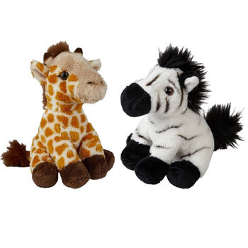 Safari dieren serie pluche knuffels 2x stuks - Zebra en Giraffe van 15 cm - Knuffeldier