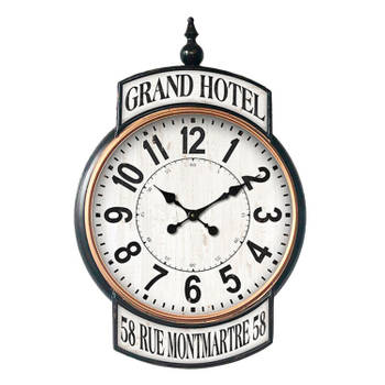 HAES DECO - Grote Wandklok 62x93 cm Vintage Wit Zwart bedrukking GRAND HOTEL - Wijzerplaat met Cijfers - Metalen Klok