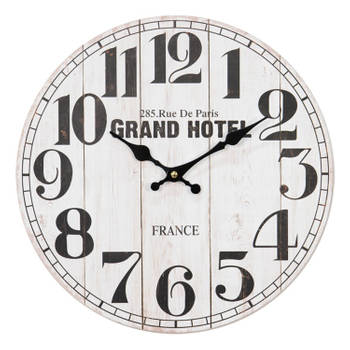 HAES DECO - Wandklok 34 cm Vintage Wit Zwart met tekst GRAND HOTEL - Wijzerplaat met Cijfers - Ronde MDF Klok