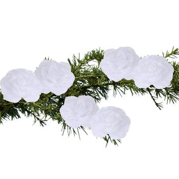 6x stuks decoratie bloemen rozen wit op clip 9 cm - Kunstbloemen