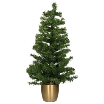 Kunst kerstboom/kunstboompje in gouden pot 90 cm - Kunstkerstboom
