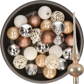 37x stuks kunststof kerstballen 6 cm incl. glazen piek bruin-zilver-wit - Kerstbal
