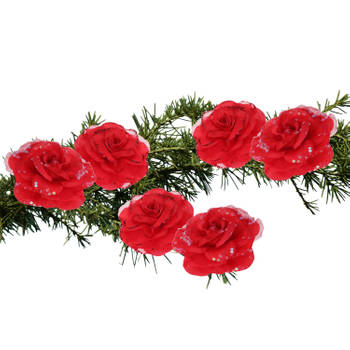 6x stuks decoratie bloemen rozen rood op clip 9 cm - Kunstbloemen