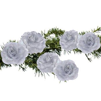 6x stuks decoratie bloemen rozen zilver op clip 9 cm - Kunstbloemen