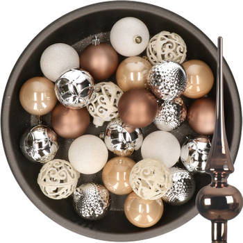 37x stuks kunststof kerstballen 6 cm incl. glazen piek bruin-zilver-wit - Kerstbal