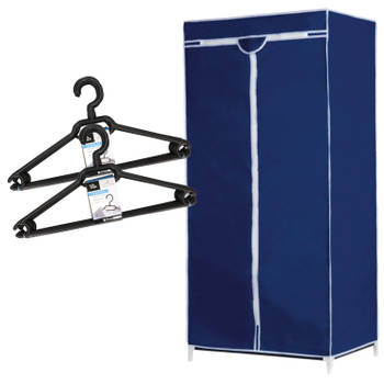 Set van mobiele opvouwbare kledingkast met blauwe hoes 160 cm en 20x plastic kledinghangers zwart - Campingkledingkasten