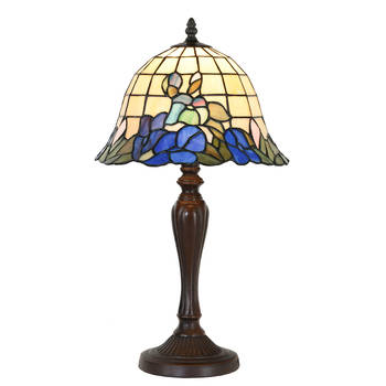 LumiLamp Tiffany Tafellamp Ø 29x53 cm Blauw Beige Glas Kunststof Rond Bloemen Tiffany Bureaulamp Blauw Tiffany