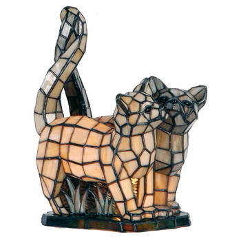 HAES DECO - Tiffany Tafellamp Katten Beige, Grijs 27x18x35 cm Fitting E14 / Lamp max 1x40W