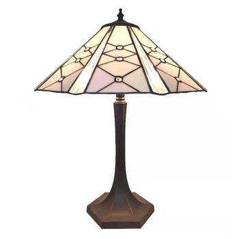 LumiLamp Tiffany Tafellamp Ø 42x54 cm Roze Wit Glas Zink Tiffany Bureaulamp Roze Tiffany Bureaulamp