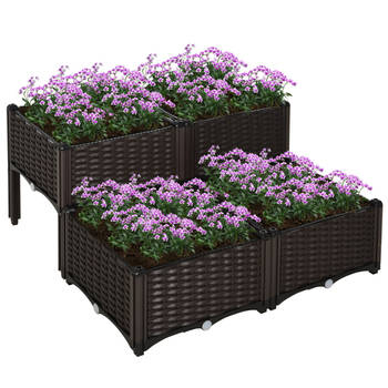 Set van 4 vierkante bloembak op poten - Plantenbak vierkant - Rattan look - 4 stuks - Bruin