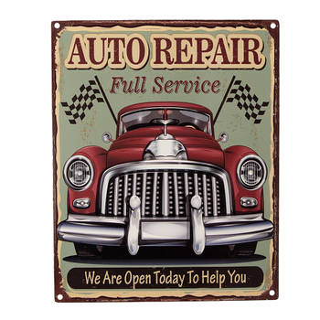 Clayre & Eef Tekstbord 20x25 cm Groen Rood Ijzer Auto Auto repair We are open today to help you Wandbord Groen