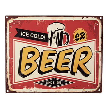 Clayre & Eef Tekstbord 25x20 cm Rood Geel Ijzer Ice cold Beer Wandbord Rood Wandbord