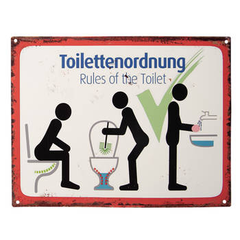 Clayre & Eef Tekstbord 33x25 cm Wit Rood Ijzer Toilettenordnung Rules of the toilet Wandbord Wit Wandbord