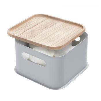 iDesign - Opbergbox met Handvat en Deksel, 21.3 x 21.3 x 12.7 cm, Paulownia Hout, Grijs - iDesign Eco Storage