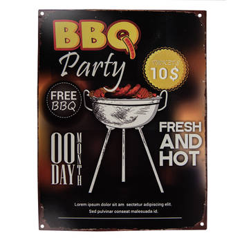 Clayre & Eef Tekstbord 25x33 cm Zwart Geel Ijzer BBQ Party Wandbord Zwart Wandbord