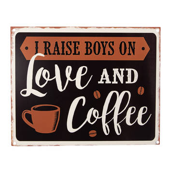 Clayre & Eef Tekstbord 25x20 cm Zwart Bruin Ijzer Love and coffee Wandbord Zwart Wandbord