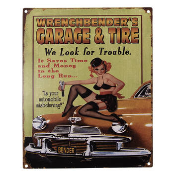Clayre & Eef Tekstbord 20x25 cm Groen Geel Ijzer Garage & Tire Wandbord Groen Wandbord