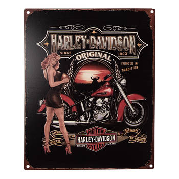 Clayre & Eef Tekstbord 20x25 cm Zwart Rood Ijzer Vrouw met motor Harley Davidson Wandbord Zwart Wandbord