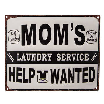 Clayre & Eef Tekstbord 25x20 cm Wit Zwart Ijzer Mom's laundry service Wandbord Wit Wandbord