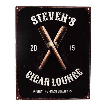 Clayre & Eef Tekstbord 20x25 cm Zwart Ijzer Sigaren Steven's cigar lounge Wandbord Zwart Wandbord