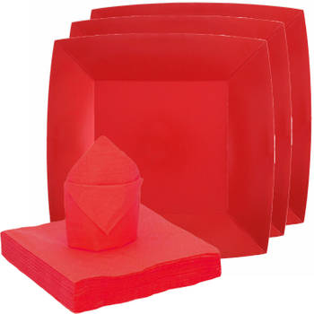 Santex servies set karton - 10x bordjes/25x servetten - rood - Feestbordjes