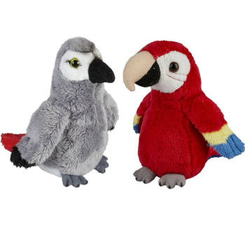 Papegaaien serie pluche knuffels 2x stuks -Rode en Grijze van 15 cm - Vogel knuffels