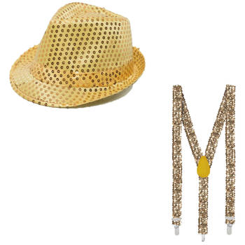 Party carnaval verkleed hoedje en bretels kleur goud - Verkleedhoofddeksels