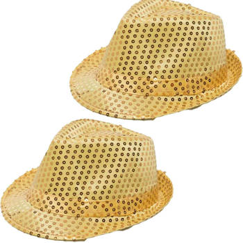 2x Stuks Trilby hoeden met pailletten - goud - glitter - Verkleedhoofddeksels