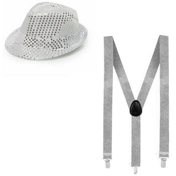 Party verkleed hoedje en bretels zilver glitters - Verkleedhoofddeksels