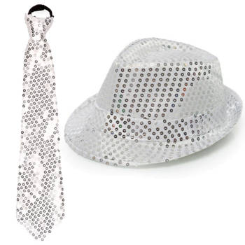 Party verkleed hoedje en stropdas zilver glitters - Verkleedhoofddeksels