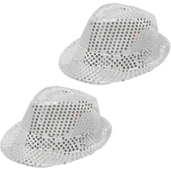 2x Stuks Trilby hoeden met pailletten - zilver - glitter - Verkleedhoofddeksels