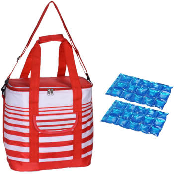 Grote koeltas draagtas schoudertas rood/wit gestreept met 2 stuks flexibele koelelementen 24 liter - Koeltas