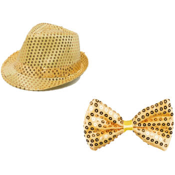 Party carnaval verkleed hoedje en vlinderstrikje goud glitters - Verkleedhoofddeksels