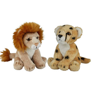 Safari dieren serie pluche knuffels 2x stuks - Cheetah en Leeuw van 15 cm - Knuffeldier