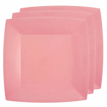 30x Stuks feest ontbijt/gebak bordjes papier/karton vierkant - roze - 18cm - Feestbordjes