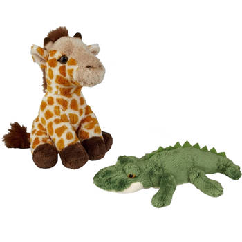 Safari dieren serie pluche knuffels 2x stuks - Krokodil en Giraffe van 15 cm - Knuffeldier