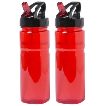 Kunststof waterfles/drinkfles/sportfles - 2x - rood - met drinktuit - 650 ml - Drinkflessen