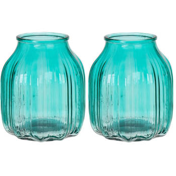 Bellatio Design Bloemenvaas klein - 2x - turquoise blauw glas - D14 x H16 cm - Vazen