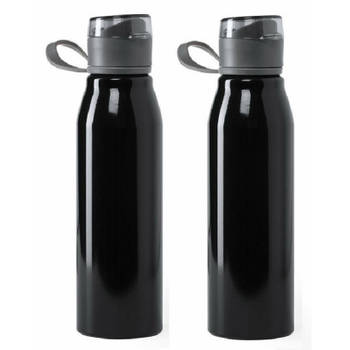 Aluminium waterfles/drinkfles - 2x - metallic zwart - met schroefdop - 700 ml - Drinkflessen