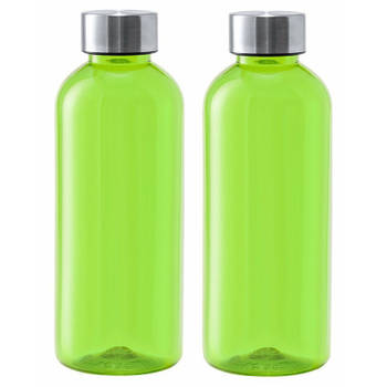 Kunststof waterfles/drinkfles/sportfles - 2x - groen - met RVS dop - 600 ml - Drinkflessen