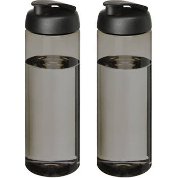 Sport bidon Hi-eco gerecycled kunststof - 2x - donkergrijs/zwart - 850 ml - Drinkflessen