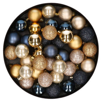 42x stuks kunststof kerstballen donkerblauw, champagne en goud mix 3 cm - Kerstbal